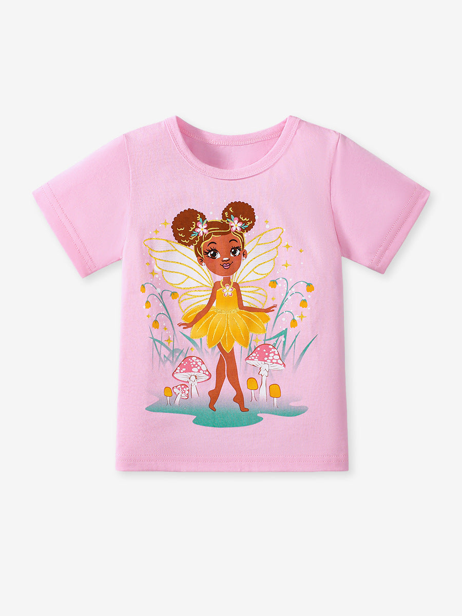 Kids’ Mermaid Cartoon Pattern Short Sleeves T-shirt in European and American Style for Summer