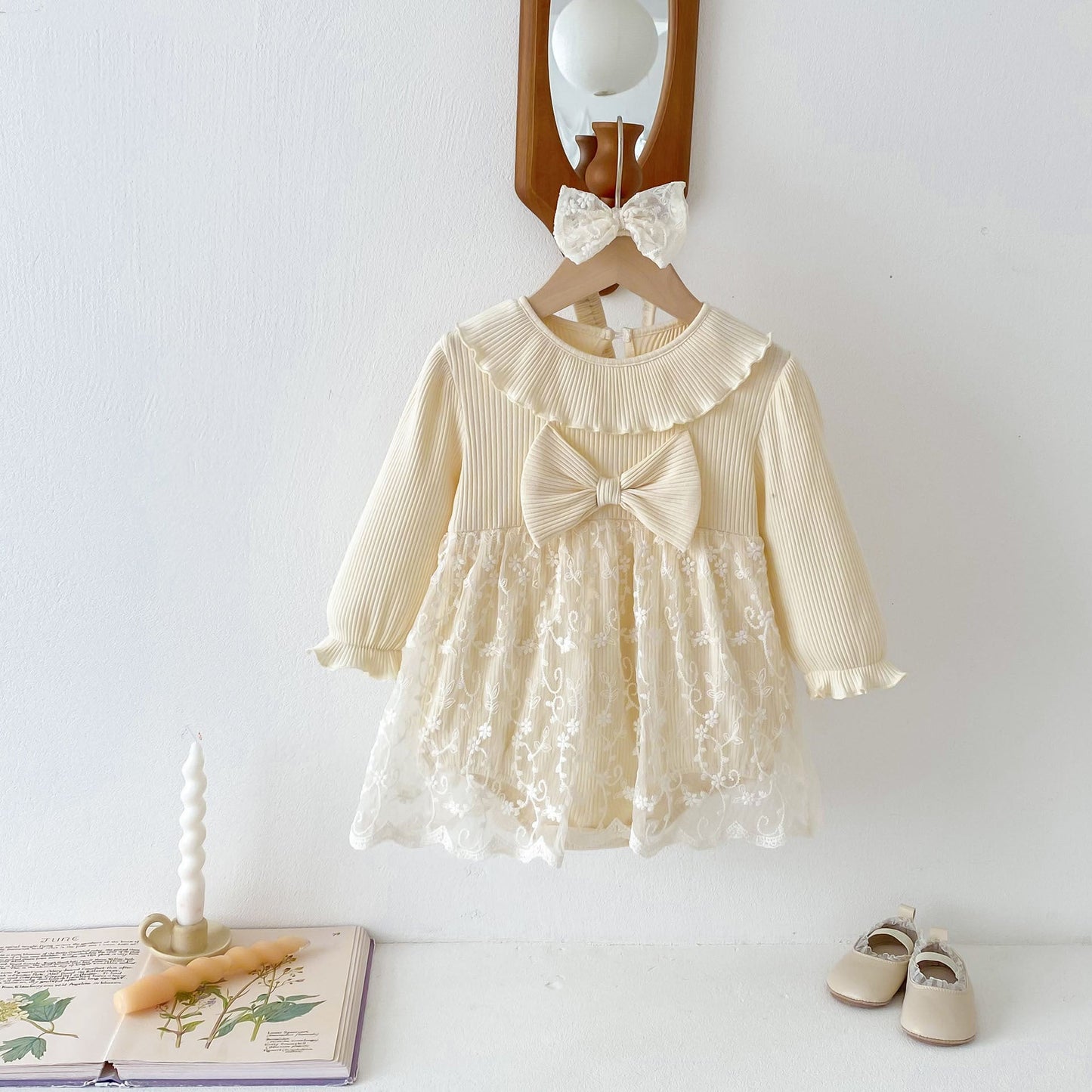 Spring Arrival Baby Girls Cute Floral Embroidered Tulle Long Sleeves Onesies