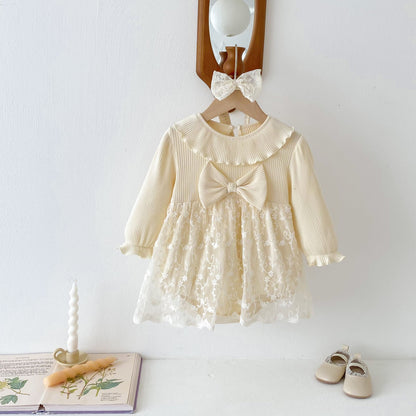 Spring Arrival Baby Girls Cute Floral Embroidered Tulle Long Sleeves Onesies