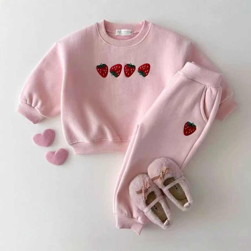 Autumn Baby Kids Unisex Casual Strawberry Embroidered Pattern Long Sleeves Top Pullover and Pants Clothing Set