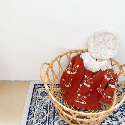 Baby Girl Cartoon Bear Embroidered Graphic Knitted Sleeveless Bodysuit & Cardigan 1-Pieces Sets