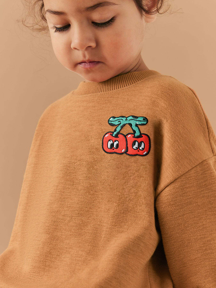 Spring And Autumn Girls Simple Cartoon Cherry Pattern Top Sweatshirt And Solid Color Pants Clothing Set-4