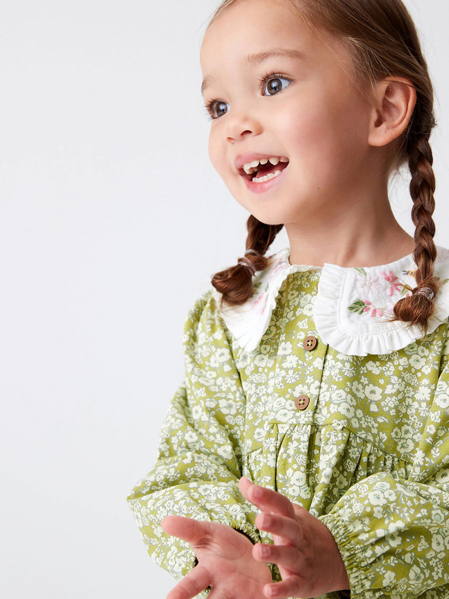 Arrival Autumn Girls Floral Print Embroidered Peter Pan Collar Long Sleeves Princess Dress
