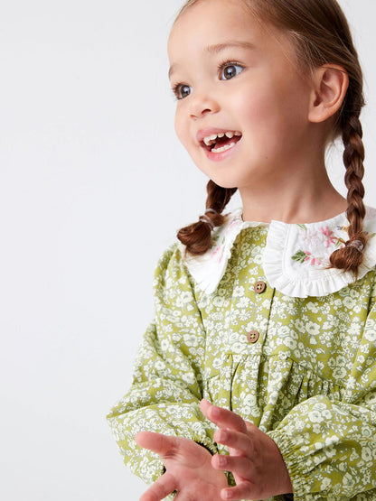 Arrival Autumn Girls Floral Print Embroidered Peter Pan Collar Long Sleeves Princess Dress