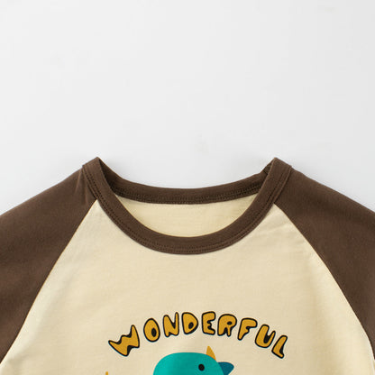Autumn Baby Kids Boys Letters and Dinosaur Print Color Patchwork Long Sleeves Crew Neck Base Top Shirt-3