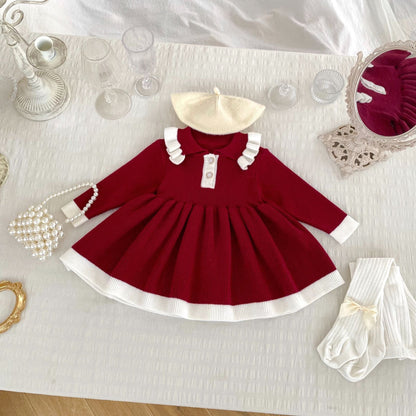 Autumn Arrival Baby Girls Knitted Long Sleeves Color Patchwork Dress