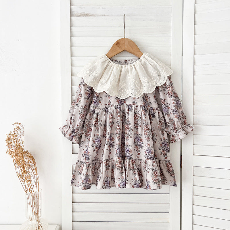 Spring Baby Girls French-style Floral Printed Long-sleeved Onesies and Dress – Princess Sister Matching Set-1