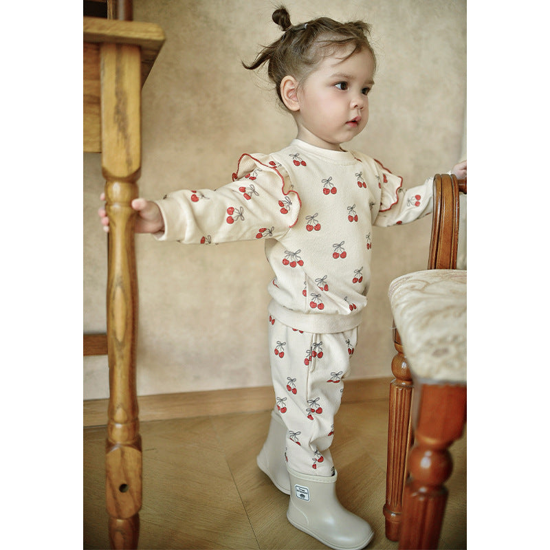 Spring and Autumn Girls Cherry Pattern Long Sleeves Top and Pants Clothing Set