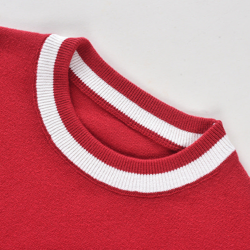 Baby Solid Color Striped Hem Design O-Neck Knit Sweater-2