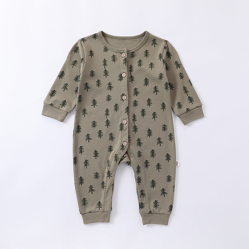 Spring Moon/Pine Trees Print Crew Neck Single Breasted Comfy Rompers