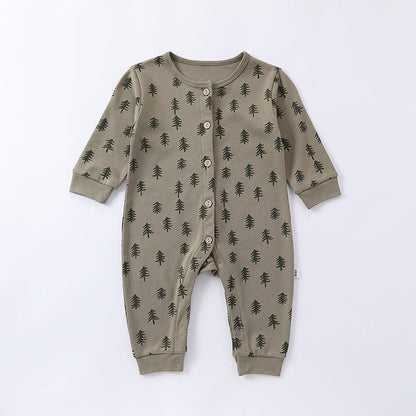 Spring Moon/Pine Trees Print Crew Neck Single Breasted Comfy Rompers