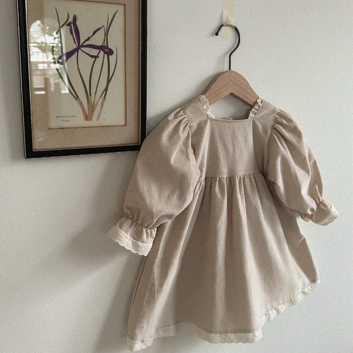 Spring Baby Girls Solid Color Square Neck Princess Dress