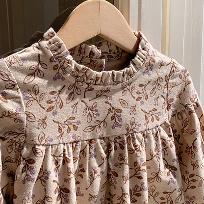 Arrival Autumn Girls Vintage Flowers Pattern Long Sleeves Ruffle Neck Dress-3