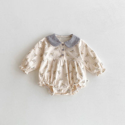 Autumn Arrival Baby Girls Long Sleeves Flowers Pattern Peter Pan Collar Onesies