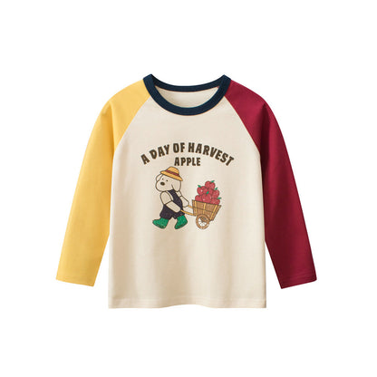 Arrival Kids Girls Cartoon Print Crew Neck Long Sleeves Color Patchwork Top-2