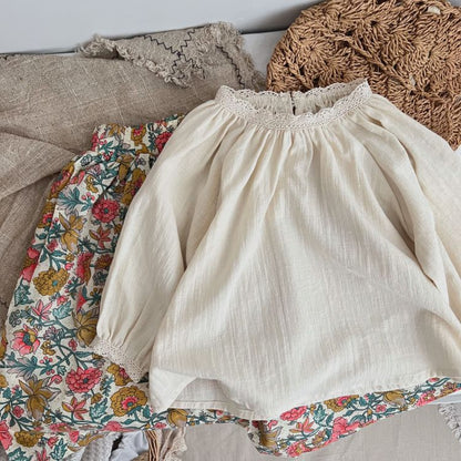 Baby Girls Solid Color Lace Patchwork Design O-Neck Long-Sleeved Tops