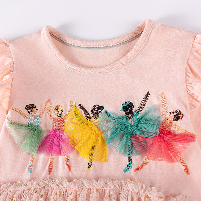 Autumn and Spring Arrival Princess Cartoon Pattern Long Sleeves Tulle Patchwork Dress for Stylish Girls