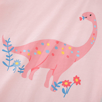 Girls’ Cartoon Pink Dinosaur Print Short Sleeves T-Shirt In European And American Style For Summer