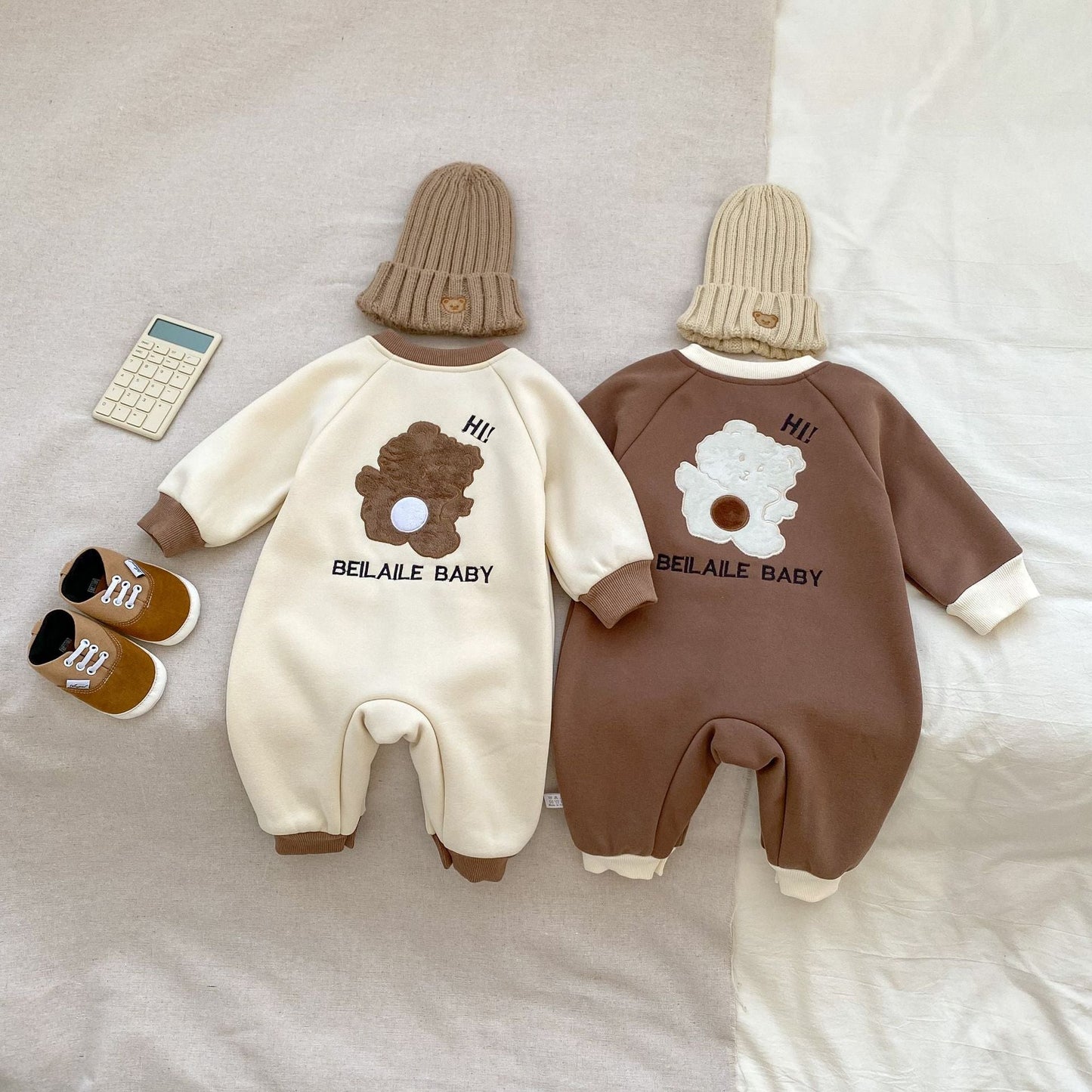 Autumn and Spring Arrival Baby Unisex Simple Teddy Pattern Long Sleeves Cozy Rompers