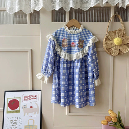 Arrival Girls Autumn Teddy Bear and Plaid Pattern Long Sleeves Dress