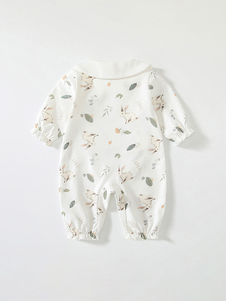 Spring New Arrival Baby Girls Flowers and Rabbits Pattern Romper with Cute Collar