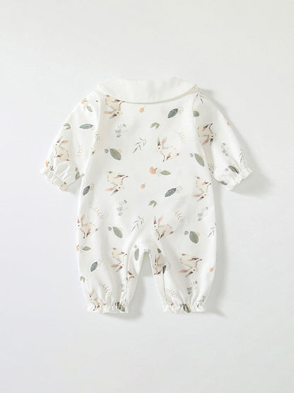 Spring New Arrival Baby Girls Flowers and Rabbits Pattern Romper with Cute Collar