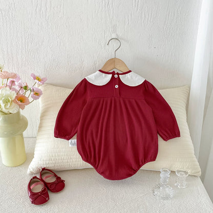 Autumn Hot Selling Baby Girls Red Long Sleeves Onesies Bodysuits with Rabbit and Flowers Embroidered Collar-1
