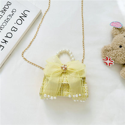 Fashionable Plaid Carry-On Girls’ Portable Mesh Bow Beaded Crossbody Handbag