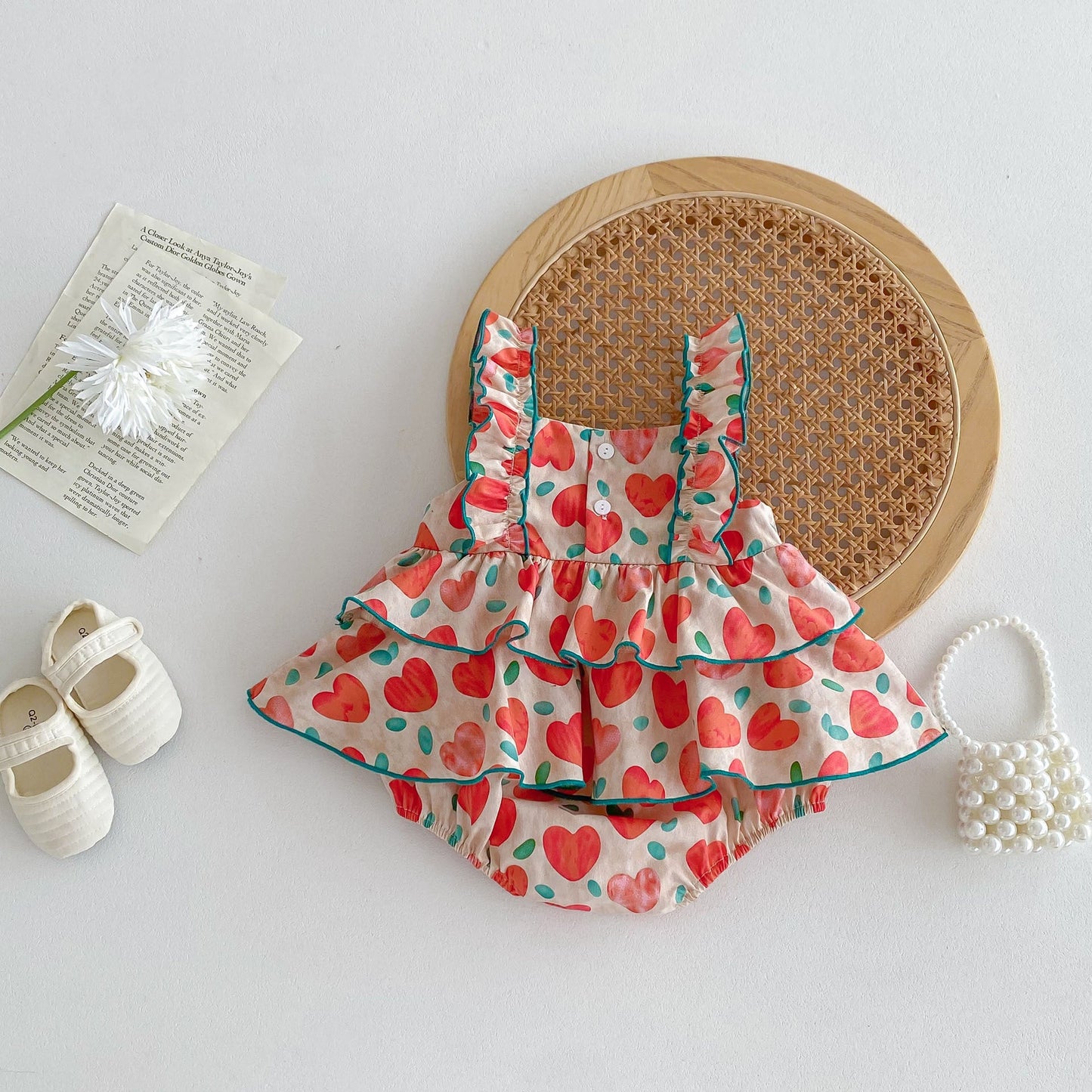 New Arrival Summer Baby Kids Girls Heart Pattern Sleeveless Big Bow Strap Onesies