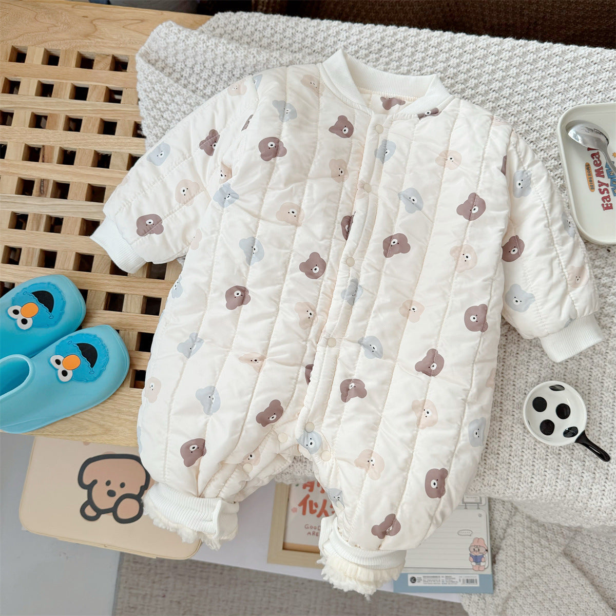 Autumn and Winter Arrival Unisex Baby’s Teddy Printed Fleece-lined and Thickened Rompers for Warmth