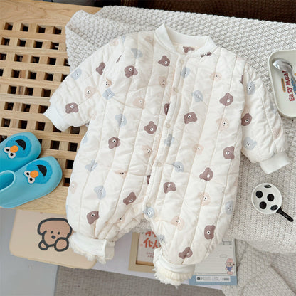 Autumn and Winter Arrival Unisex Baby’s Teddy Printed Fleece-lined and Thickened Rompers for Warmth