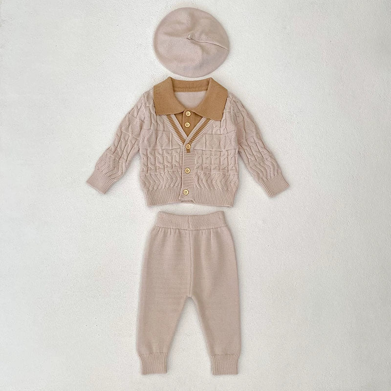Arrival Autumn Baby Unisex Long Sleeves Geometric Pattern Knitted Top Cardigan and Long Trousers Clothing Set