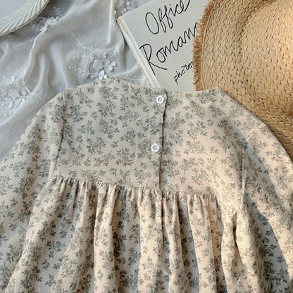 Arrival Autumn Girls Cute Flowers and Lace Embroidery Pattern Long Sleeves Crew Neck Dress-3