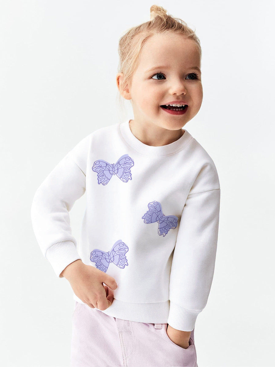 Autumn Baby Kids Girls Purple Butterfly Pattern White Pullover Clothing Long Sleeves Top Sweatshirt