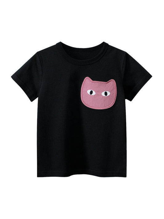 Cat Face Cartoon Pattern Girls T-Shirt In European And American Style For Summer