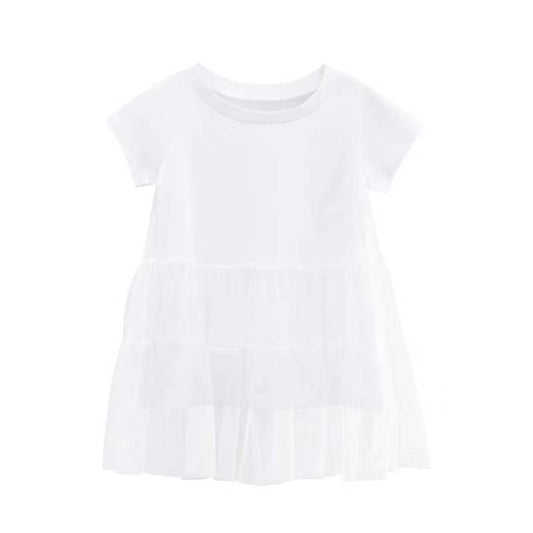 Girl Solid Mesh Pattern Short Sleeve Round Collar Dress In Summer