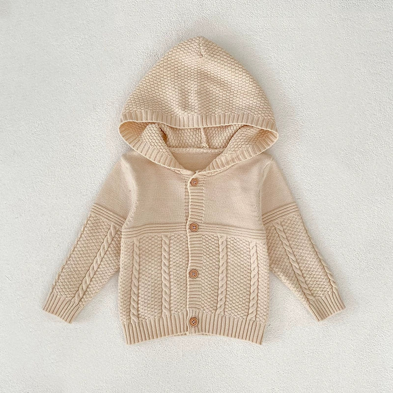 Autumn Arrival Baby Unisex Comfortable Solid Color Geometric Pattern Knitted Long Sleeves Cardigan with Hood-1