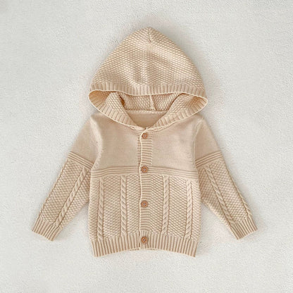 Autumn Arrival Baby Unisex Comfortable Solid Color Geometric Pattern Knitted Long Sleeves Cardigan with Hood-1