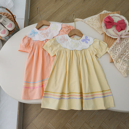 New Arrival Summer Kids Girls Colorful Bows Pattern Collar Short Sleeves Striped Dress