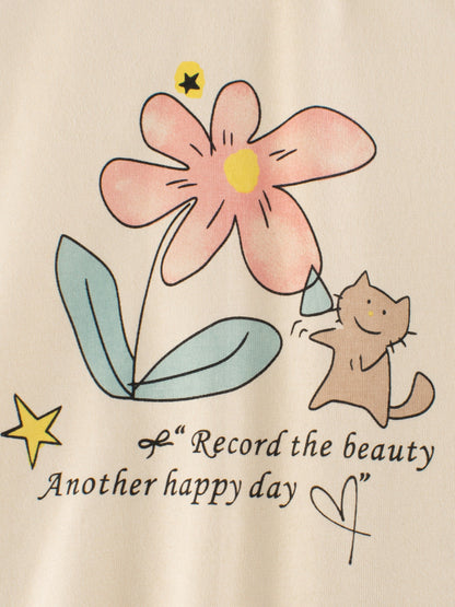 Autumn Arrival Kids Girls Flowers Cartoon Print Crew Neck Long Sleeves Color Patchwork Shirt