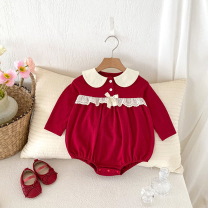 Autumn Arrival Baby Girls Long Sleeves Color Patchwork Peter Pan Collar Onesies