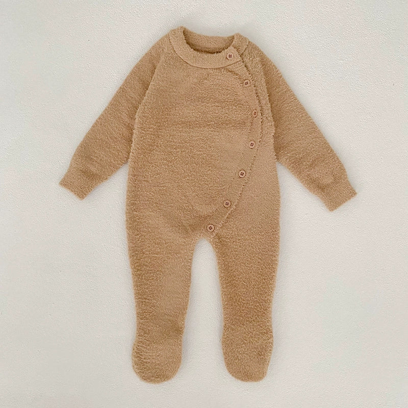 Autumn and Winter Arrival Unisex Baby’s Solid Color Crew Neck Fluffy Rompers
