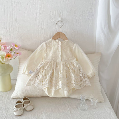 Autumn Arrival Baby Girls Long Sleeves Flowers Pattern Tulle Patchwork Onesies