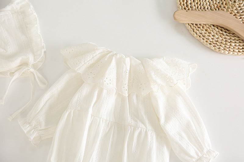 Baby Girl Solid Color Hollow Carved Pattern Ruffle Neck Onesies