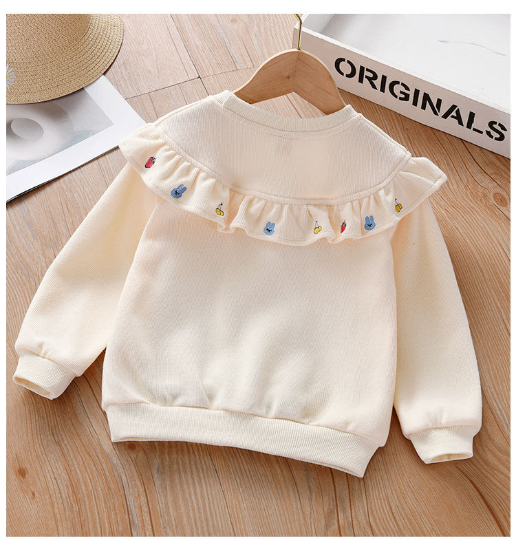 Baby Girl Fruit Embroidered Graphic Ruffle Design Corduroy Fabric Pullover Cute Hoodies