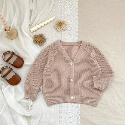 Autumn Arrival Baby Kids Unisex Comfortable Solid Color Knitted Long Sleeves V Neck Cardigan-0