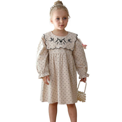 Arrival Autumn Girls Vintage Crew Neck Long Sleeves Dots Print and Flowers Embroidery Pattern Dress