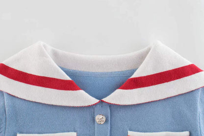 Girls Navy Collar Top Combo Skirt Knitwear Sets