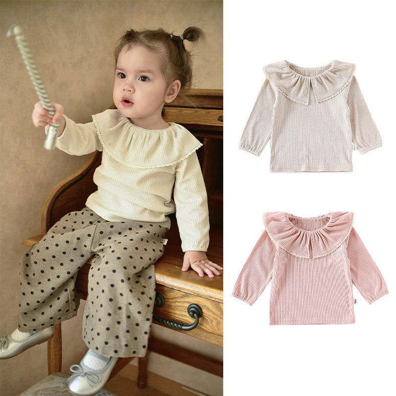 Autumn Arrival Baby Girls Solid Color Lace Trim Collar Long Sleeves Top-0