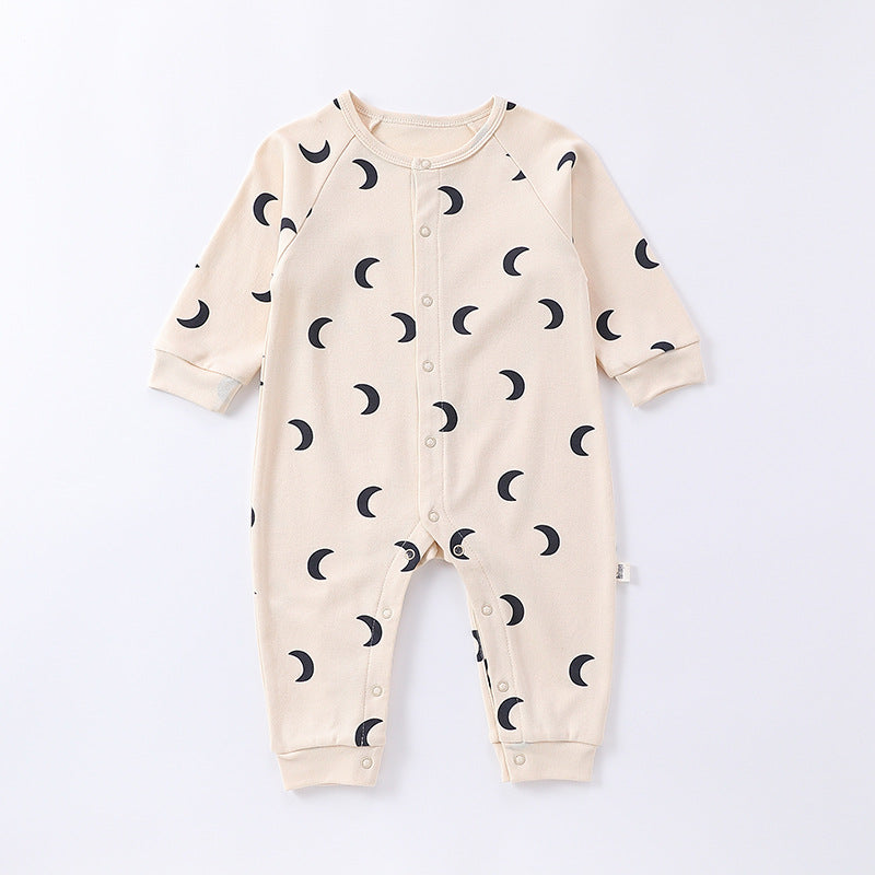 Spring Moon/Dogs Print Crew Neck Single Breasted Comfy Rompers-3